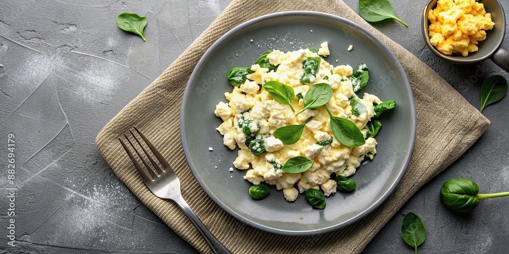 Scrambled eggs with spinach and cottage cheese in a grey plate flat lay ...