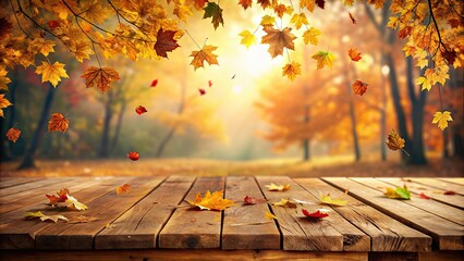 Poster - Cozy autumn scene with falling leaves and tea on wooden table, autumn, cozy, scene, colorful, leaves, falling, trees, warm, cup