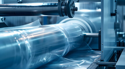 Poster - the operation of automatic plastic bag production machine with lighting effect. close-up of the roll