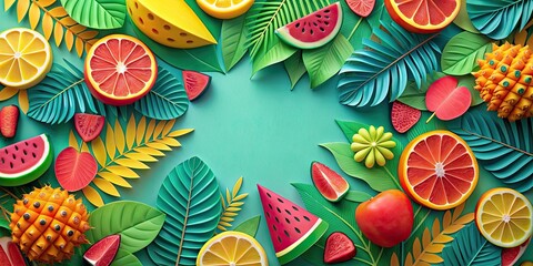 Poster - Colorful Fruit background with paper-cut strawberries, oranges, watermelon and tropical leaves, fruit, colorful