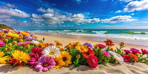 Poster - Colorful flowers scattered on sandy beach with ocean in background, beach, flowers, sand, ocean, colorful, beautiful