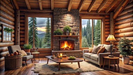 Canvas Print - Cozy cabin in the woods with warm fireplace and rustic decor, cozy, cabin, woods, fireplace, rustic, decor, comfortable