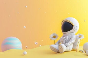 Wall Mural - Cute astronaut in other planet fantasy background outdoors cartoon nature.