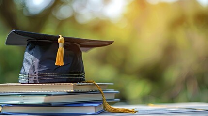 Wall Mural - Graduation hat and stack of study books with copy space