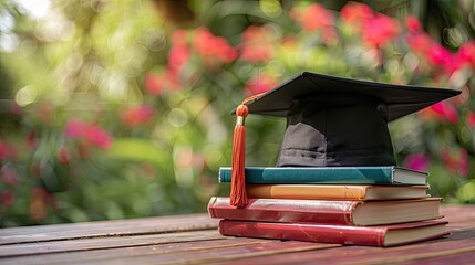 Wall Mural - Graduation hat and stack of study books with copy space