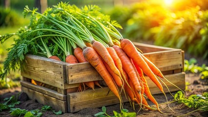 Vibrant orange carrots freshly plucked from the earth, nestled among green foliage, sprawl across a rustic wooden crate in a lush field.