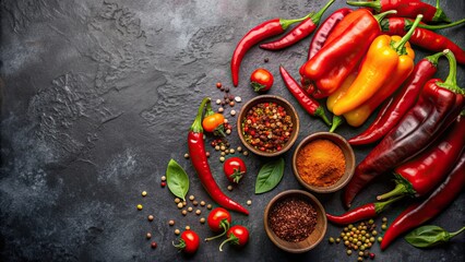 Poster - Fiery arrangement of paprika, fresh chili, bell peppers, and dried chili peppers on a dark background, spicy, intense, red