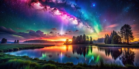 Wall Mural - Enchanting night landscape with glowing spectral presence and vibrant light painting effects, night, landscape