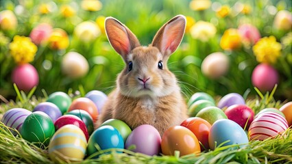 Poster - Cute Easter bunny surrounded by colorful Easter eggs , Easter, bunny, eggs, spring, holiday, festive, decoration