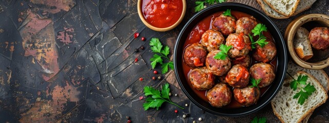 Wall Mural - Meatballs with tomato sauce on rustic background