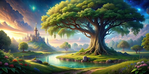 Canvas Print - Enchanting landscape featuring a majestic tree in a fairy tale setting, fantasy, woodland, magical, enchanted, whimsical