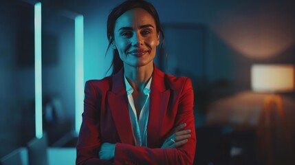 Wall Mural - Brazilian woman looking to the camera with cross arms, smiling, confident, 34 years old, carmine suit and white dress shirt, dark blue background office, blurred, noise, cinematic light, bioluminescen