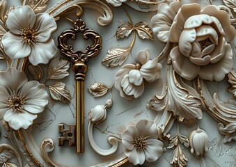 Wall Mural - a golden key with a bunch of flowers on it.