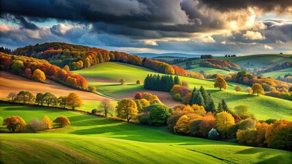 Poster - Rolling green hills under dramatic sky with autumn trees, nature, landscape, clouds, outdoors, serene, peaceful