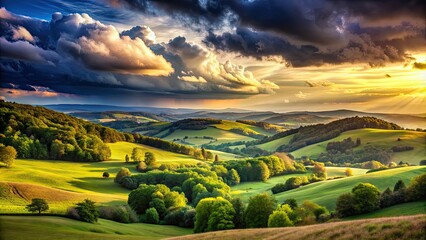 Sticker - Scenic landscape featuring rolling hills, lush trees, and a dramatic sky filled with fluffy clouds, nature, outdoors