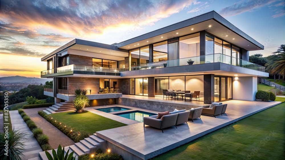 Luxurious modern mansion with a sleek design and stunning panoramic ...