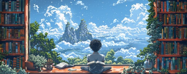 Wall Mural - A pixel art illustration of a pixelated reader engrossed in a book, their mind transported to pixelated faraway lands and fantastical stories.