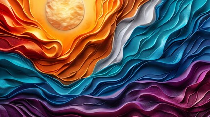 Poster - Vibrant abstract artwork of colorful waves under a bright sun, capturing depth and swirling motion in dynamic hues.