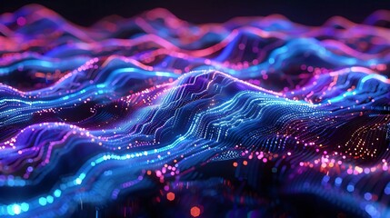 Poster - Abstract neon-lit digital landscape with vibrant glowing lines and futuristic design, ideal for technology and innovation concepts.