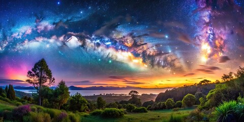 Poster - Colorful sky and natural panoramic view with stars and lush vegetation , colorful, sky, natural, panoramic, stars, vegetation