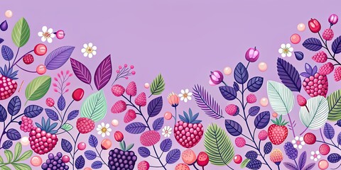 Sticker - Colorful of berries, flowers, and leaves in a flat style with pink and purple colors, berries, flowers, leaves,colorful