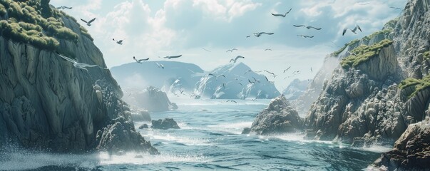 Wall Mural - Rugged Coastline with Seagulls Flying, 4K hyperrealistic photo