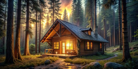 Canvas Print - Cozy cabin nestled in the woods with a warm glowing light inside, cabin, house, woods, forest, cozy, warm, light, rural