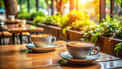 Canvas Print - Cozy cafe scene with two cups of coffee on a warm morning , coffee, cafe, cozy, morning, warm, relaxation, atmosphere