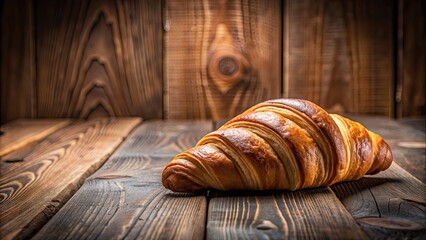 Poster - Croissant on wooden table with French bakery vibes , Croissant, wooden table, French bakery, food, pastry, breakfast