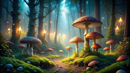 Poster - Forbidden fairy forest with magical mushrooms under dimmed light , fantasy, enchanted, ethereal, mystical, dreamy