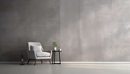 Wall Mural - Modern Living Room Interior Mockup with White Chair and Concrete Gray Texture Wall Background with Copy Space