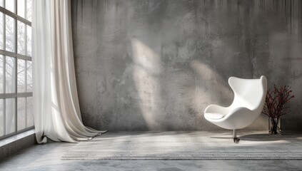 Wall Mural - Modern Living Room Interior Mockup with White Chair and Concrete Gray Texture Wall Background with Copy Space