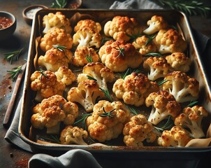 Wall Mural - A baking tray filled with perfectly roasted, cauliflower with golden brown and crispy edges, sprinkled with herb