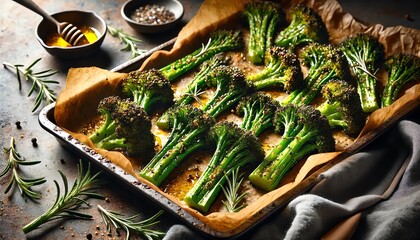 Wall Mural - A baking tray with perfectly roasted broccolini. with golden brown and crispy edges, glistening with butter