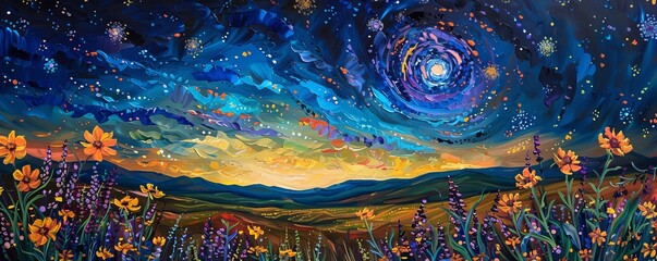 Wall Mural - Starry night sky over field of wildflowers with swirling brushstrokes