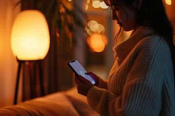 woman controlling an electric lamp with her mobile phone at home, showcasing smart technology and modern living.