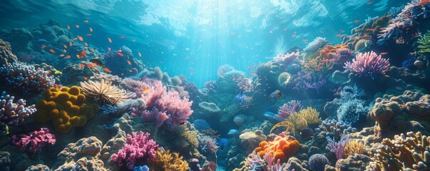 Wall Mural - Magical underwater scene with colorful coral reefs, 4K hyperrealistic photo