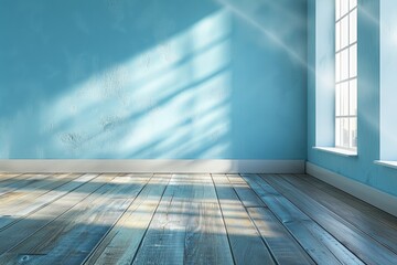 Wall Mural - Sky Blue Empty Wall and Wooden Floor with Sunlight Streaming Through a Window House Plant Light Blue Room Interior