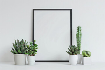Poster - Photo of A black frame mockup with cacti and succulents on white background, white blank wall for text or design, modern minimalist style, high resolution