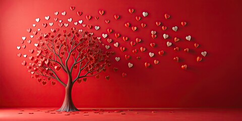 Poster - Red paper hearts tree with falling confetti over red background for Valentine's Day , Valentine's Day, love