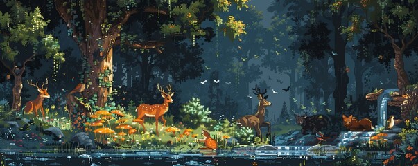 Wall Mural - A pixel art rendition of a pixelated forest teeming with pixelated wildlife, their pixelated forms exploring the pixelated trees.