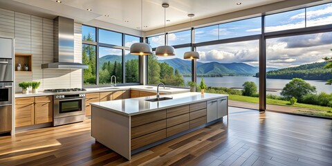 Poster - Modern lakeside kitchen with sleek appliances, large windows, and stunning views, lakeside, modern, kitchen, appliances