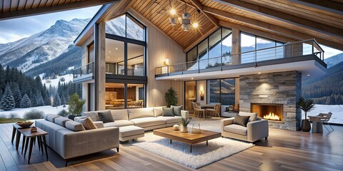 Sticker - Modern chalet with bright interior design and snowy surroundings, modern, bright, chalet, snow, winter