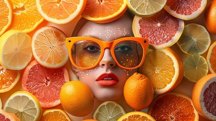 a dynamic summer-themed artwork with fashionable sunglasses and fresh citrus fruits, bursting with color.