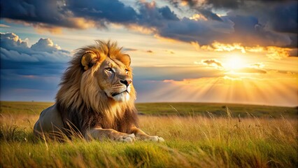 Poster - Lion basking in the sun on grassy savannah , wildlife, nature, predator, majestic, Africa, sunshine, golden, fur, mane