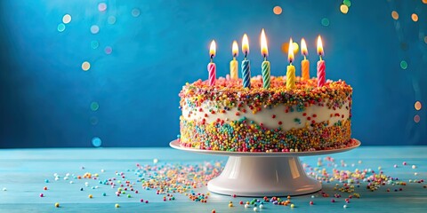 Canvas Print - Delicious and colorful birthday cake with sprinkles and candles , celebration, dessert, sweet, party, bakery, tasty, frosting