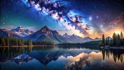 Canvas Print - Scenic painting of mountains and lake under a starry sky, mountains, lake, stars, night, painting, artwork, nature