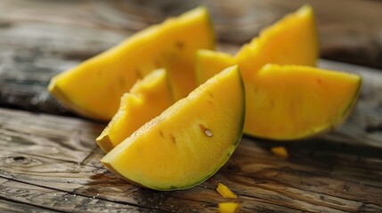 Poster - Sliced yellow watermelon on wooden table prepared to eat