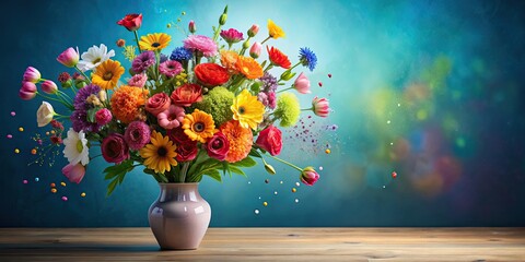 Sticker - Colorful explosion of flowers in a vase, vibrant, floral, explosion, colorful, bouquet, vase, decoration, vibrant, bright