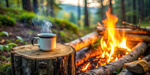 Poster - Cozy camping scene with a cup of coffee on log near a burning fire, cozy, camping, coffee, log, burning fire, relaxation